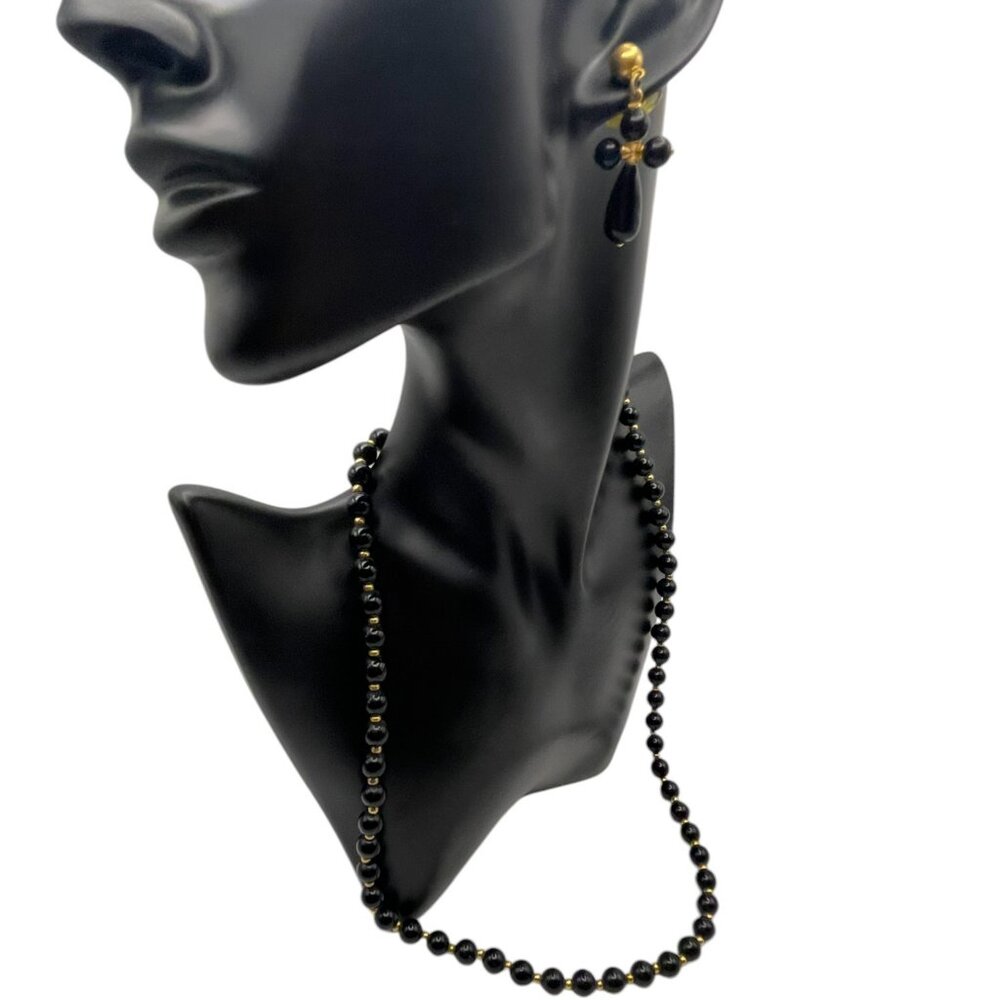 **Black Beaded Necklace and Cross Earrings Set